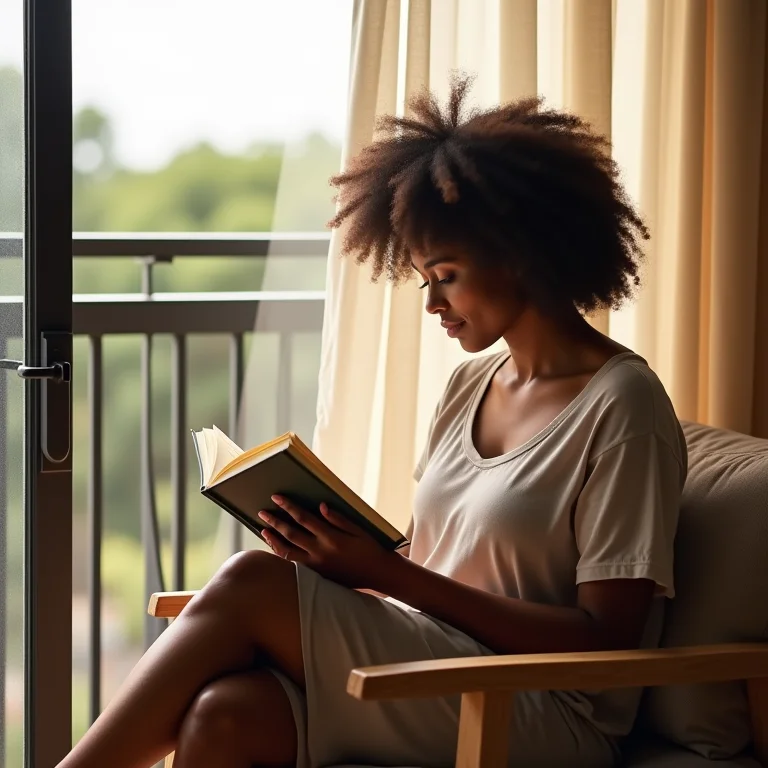 Mulher lendo um livro em uma sacada com cortinas translúcidas para privacidade