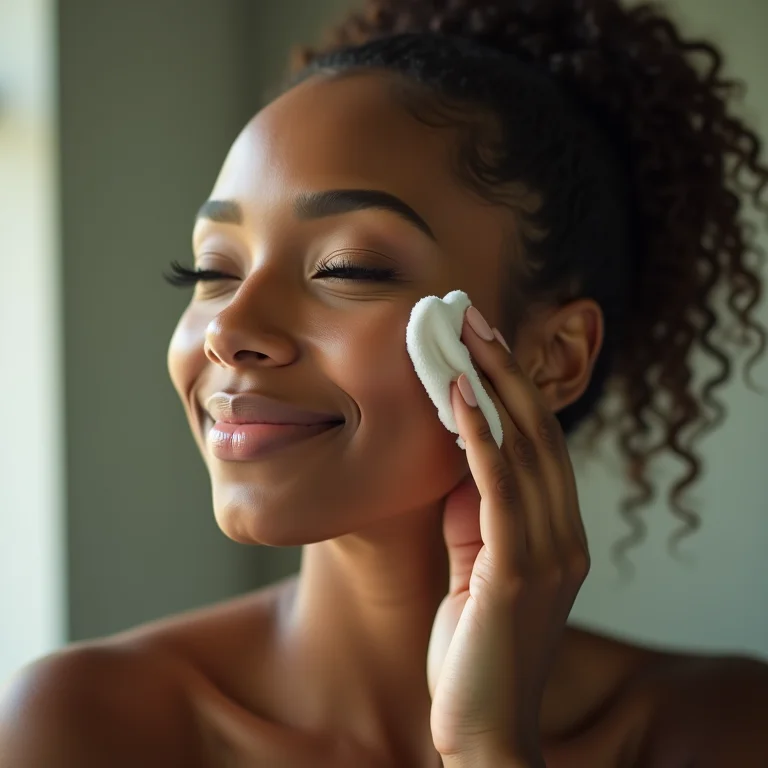 Mulher limpando o rosto suavemente com um pano macio