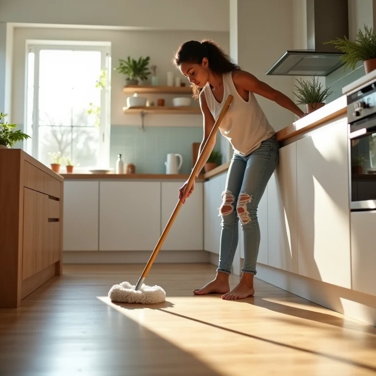 Mulher limpando piso vinílico com facilidade