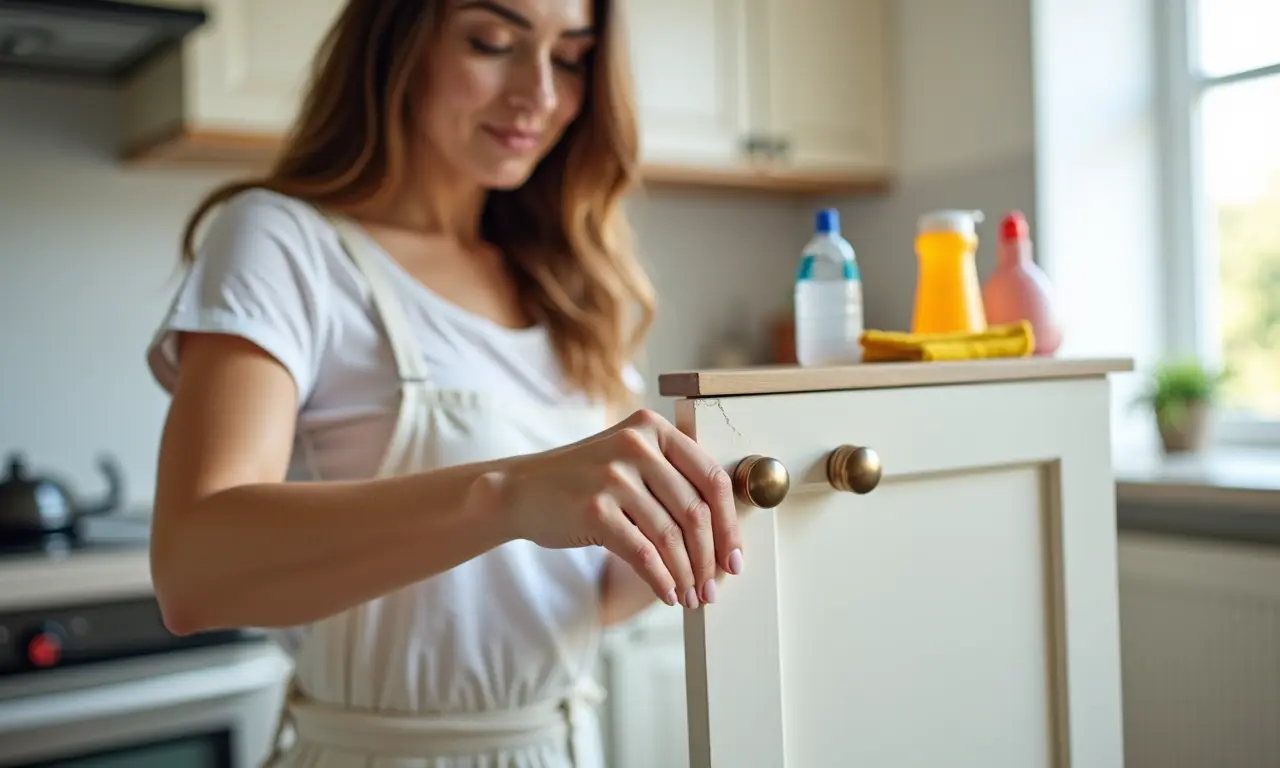 Mulher limpando puxadores concha em armários da cozinha.