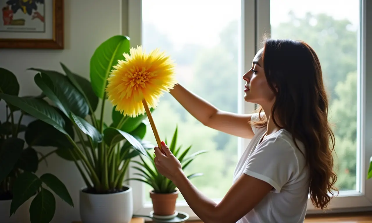 Mulher limpando uma planta artificial com um espanador.