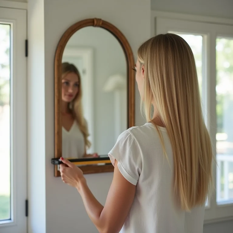 Mulher loira posicionando espelho na sala de jantar.
