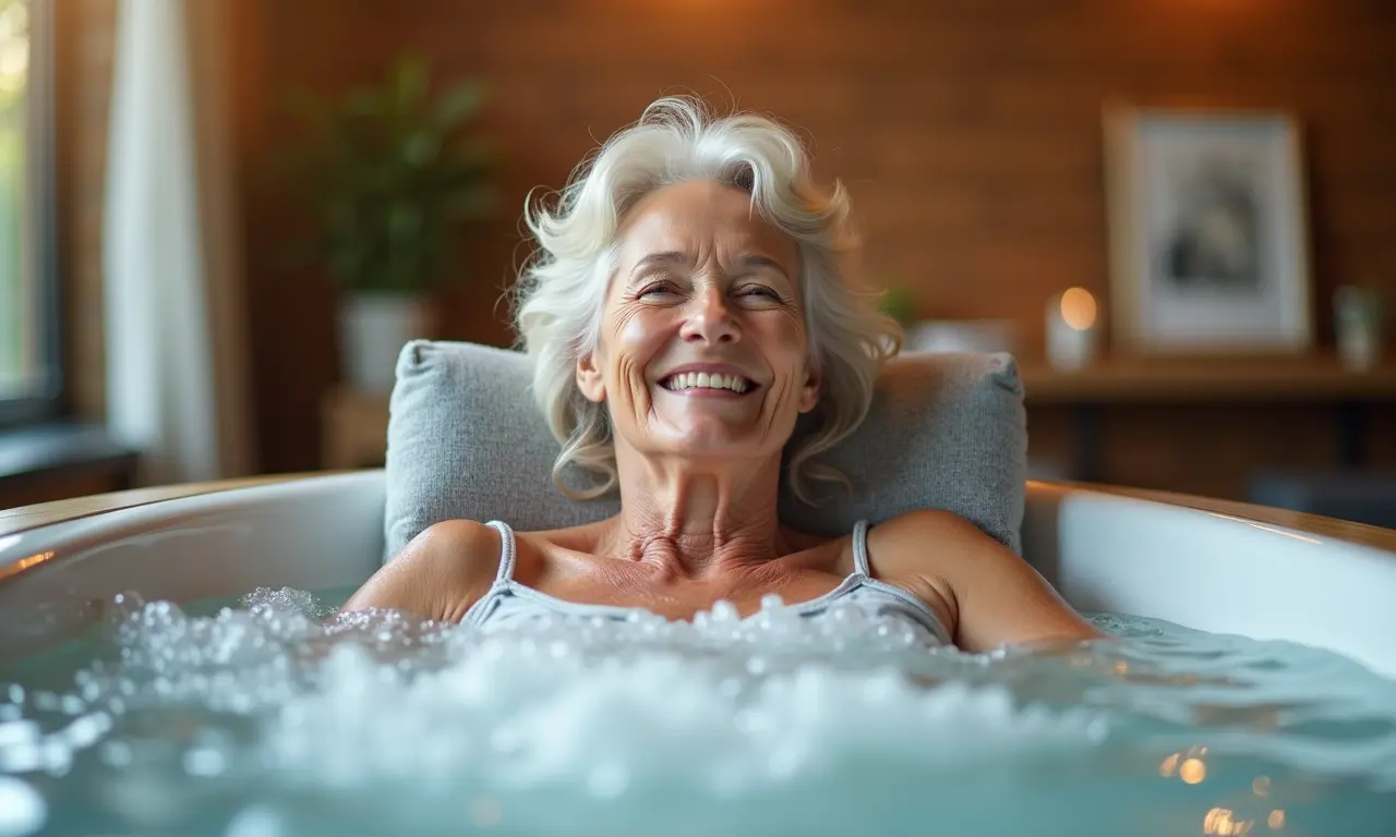 Mulher madura relaxando em hidromassagem para melhorar a circulação sanguínea.