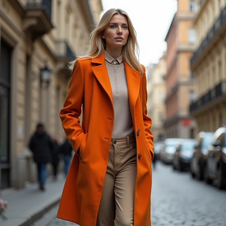 Mulher magra usando casaco laranja sobre roupa neutra em rua da cidade