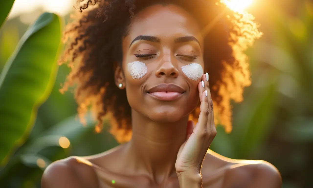 Mulher massageando suavemente essência facial para hidratação profunda.