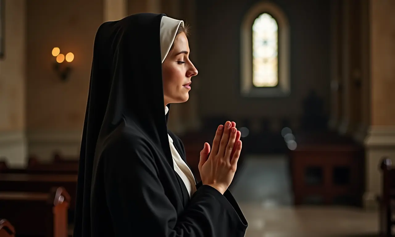 Mulher medieval em vestes modestas, simbolizando a beleza da virtude e da discrição.