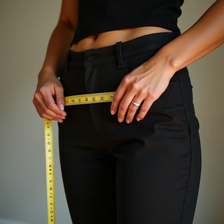 Mulher medindo o comprimento da barra de uma calça