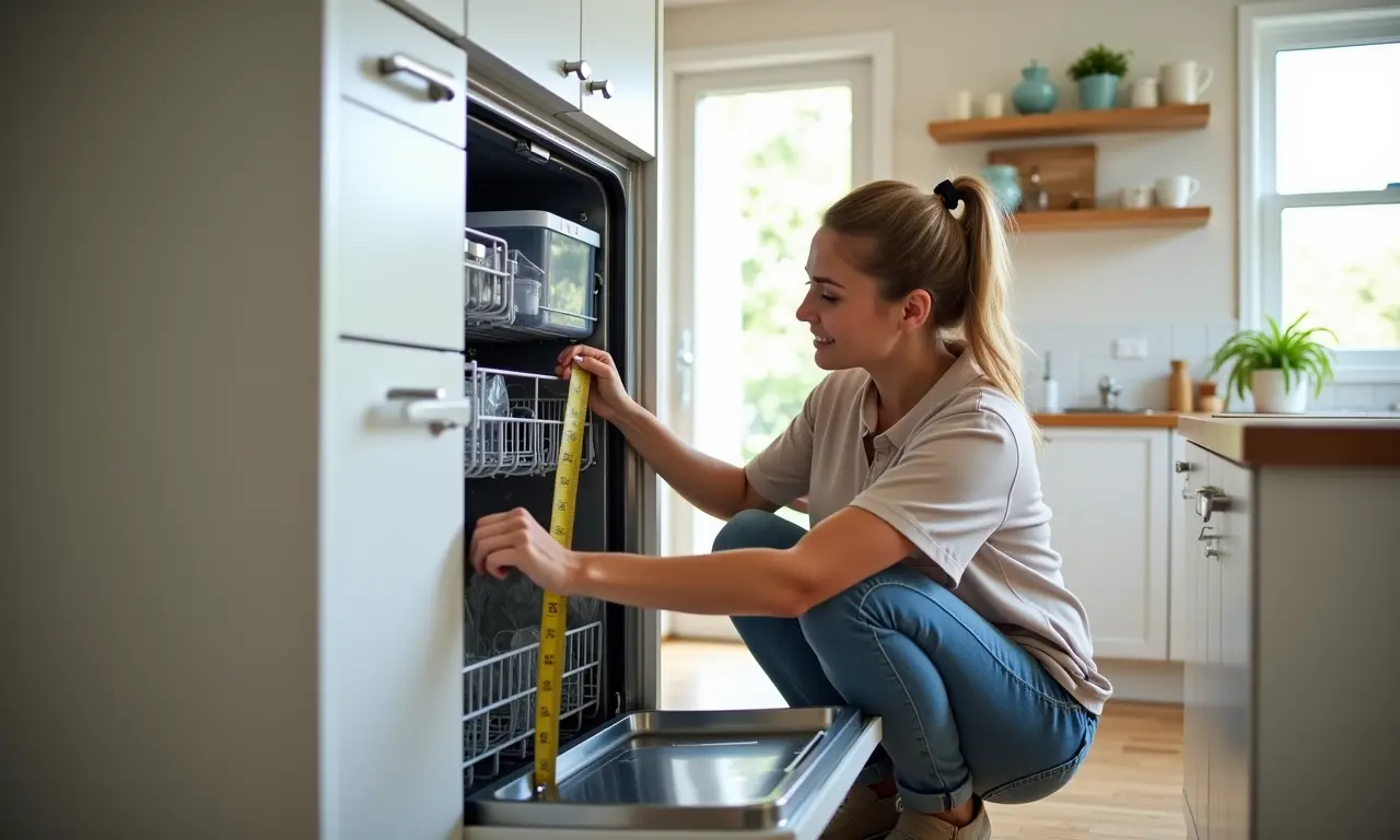 Mulher medindo o espaço na cozinha para escolher o tamanho ideal da lava-louças.