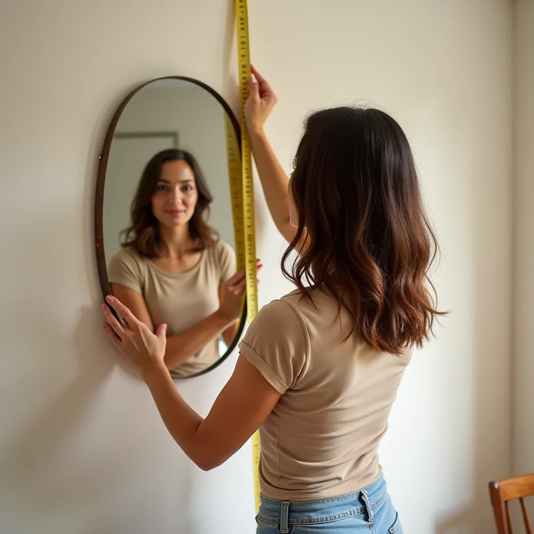 Mulher medindo parede para escolher tamanho ideal de espelho para sala de jantar.