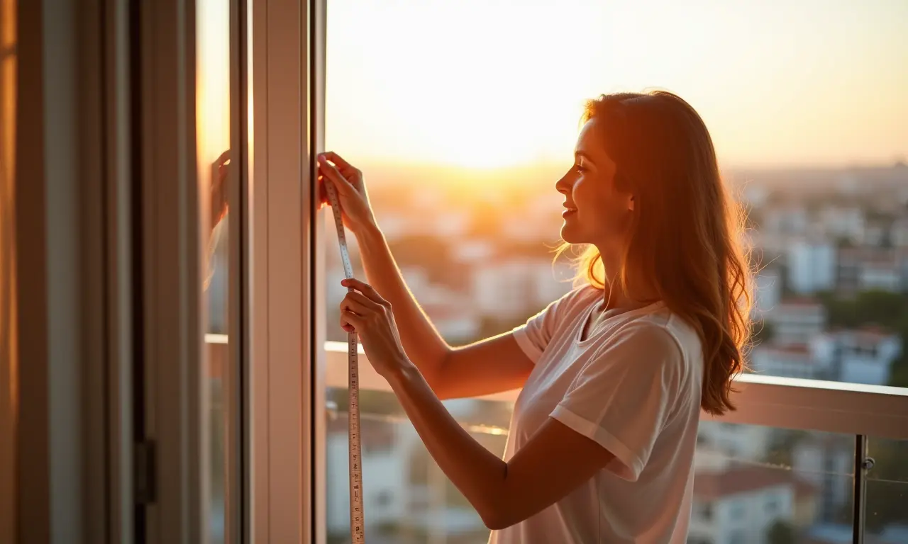 Mulher medindo varal de luzes para sua varanda ensolarada.