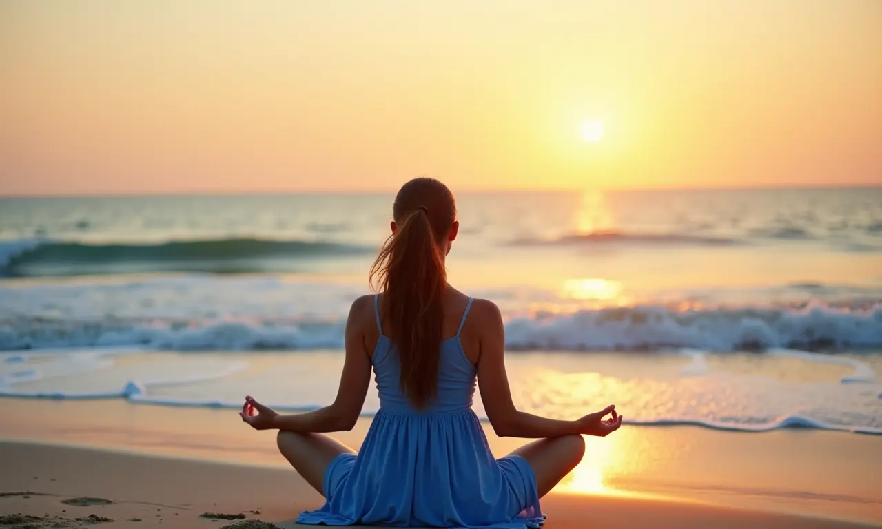Mulher meditando de azul na praia, transmitindo tranquilidade e sabedoria.