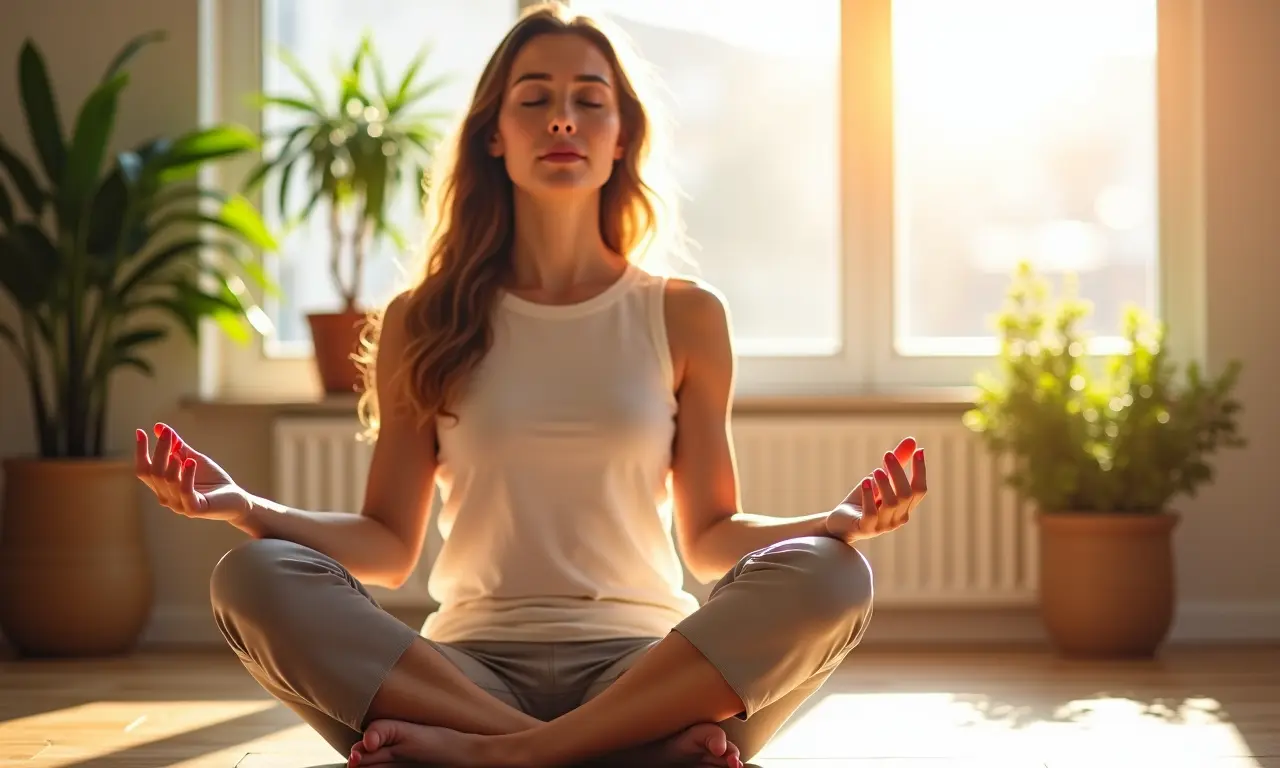 Mulher meditando em sala ensolarada, com cores suaves e plantas, aliviando ansiedade.