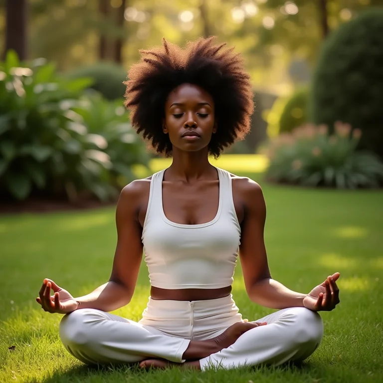 Mulher meditando em um jardim zen do Templo Zu Lai.