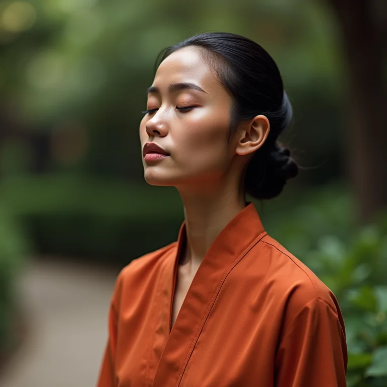 Mulher meditando no jardim do Templo Zu Lai.