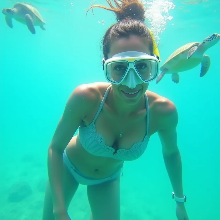 Mulher mergulhando com tartarugas marinhas nas Ilhas Galápagos, Equador