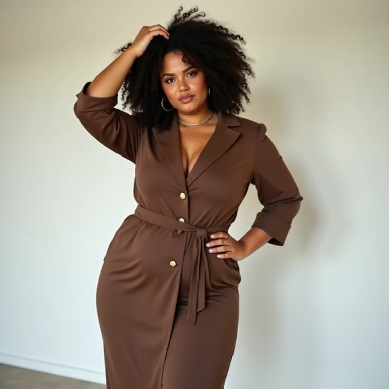 Mulher mid-size com cabelo cacheado vestindo um vestido que valoriza a silhueta em um estúdio minimalista