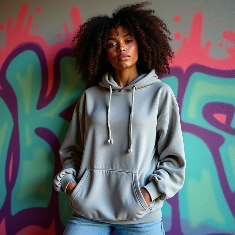 Mulher mid-size com peças oversized e vibe streetwear.