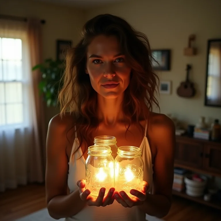 Mulher morena segurando luminárias artesanais