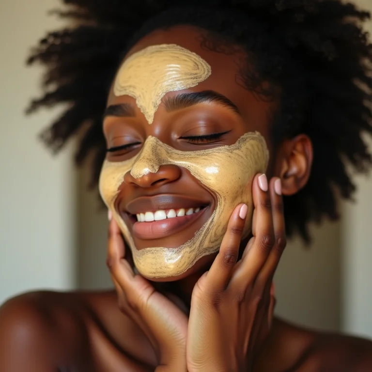 Mulher negra aplicando máscara facial de mel e aveia.