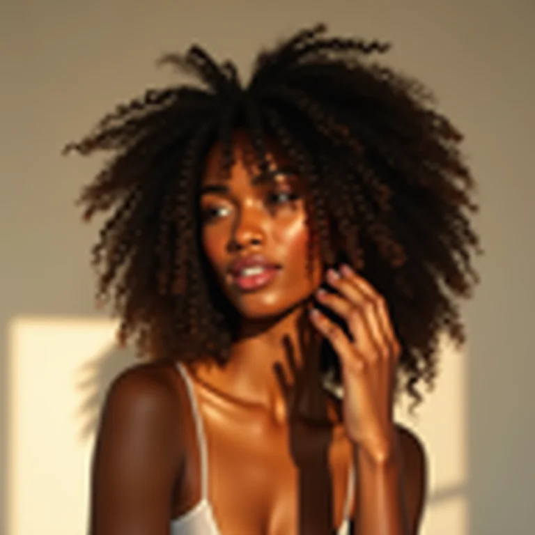 Mulher negra aplicando óleo capilar