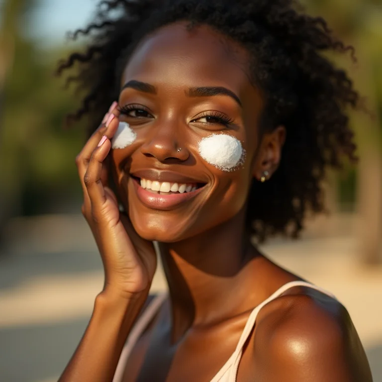 Mulher negra aplicando protetor solar no rosto ao ar livre