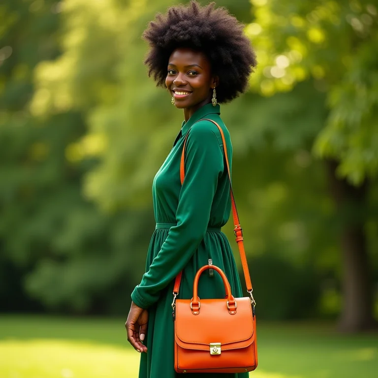 Mulher negra com cabelo afro usando um vestido verde e bolsa laranja em um jardim