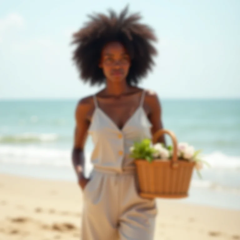 Mulher negra com cabelo natural usando macacão estiloso na praia.