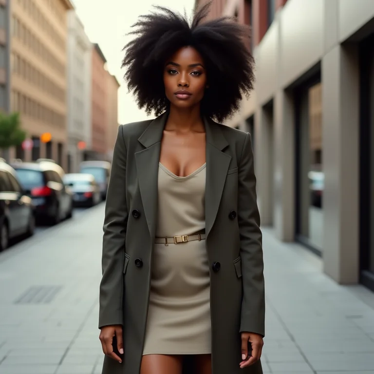 Mulher negra com cabelo natural vestindo um blazer alongado sobre um vestido em um cenário urbano moderno