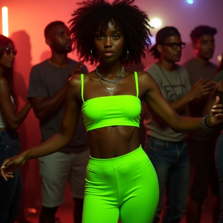 Mulher negra com look neon vibrante para show de trap.
