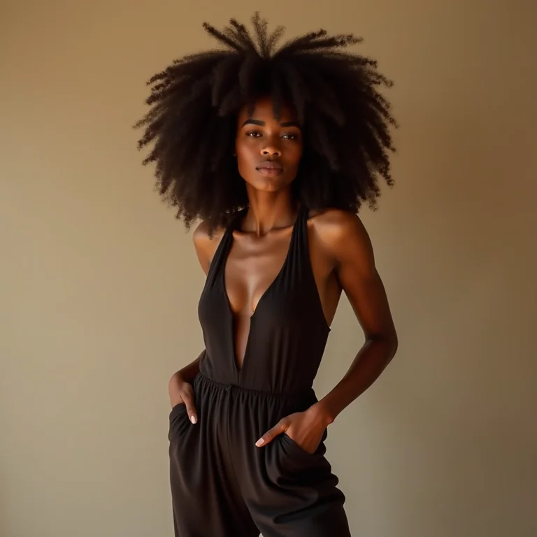 Mulher negra com macacão moderno para batizado