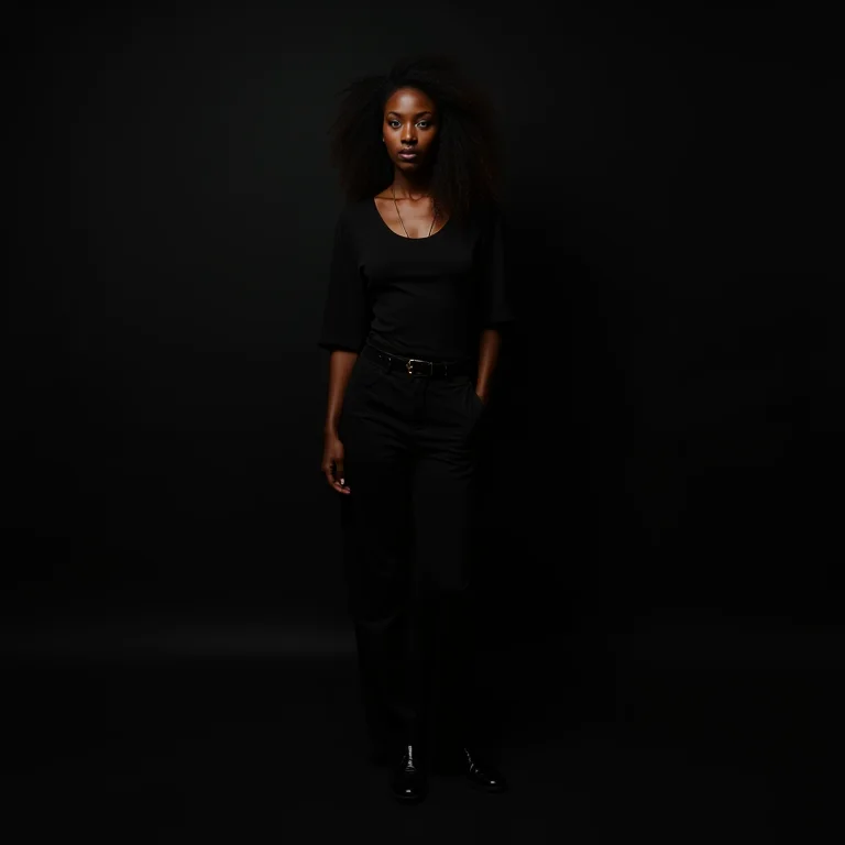 Mulher negra com roupa preta em um estúdio