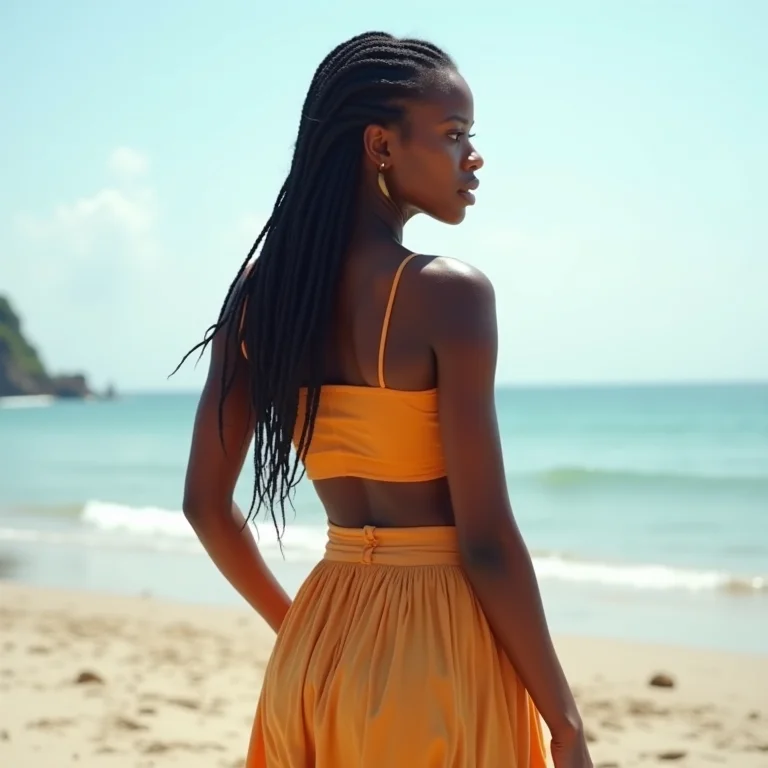 Mulher negra com saia midi e top cropped na praia