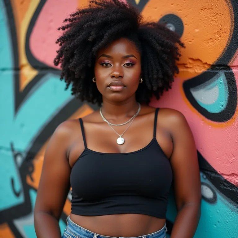 Mulher negra com top cropped e atitude em frente a um muro grafitado