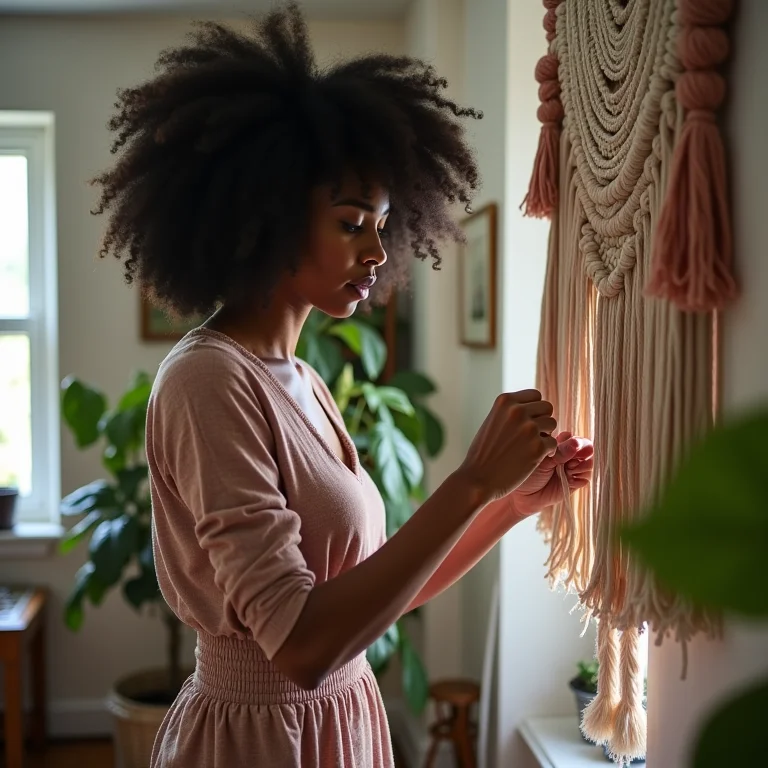 Mulher negra criando um objeto de decoração artesanal em casa.