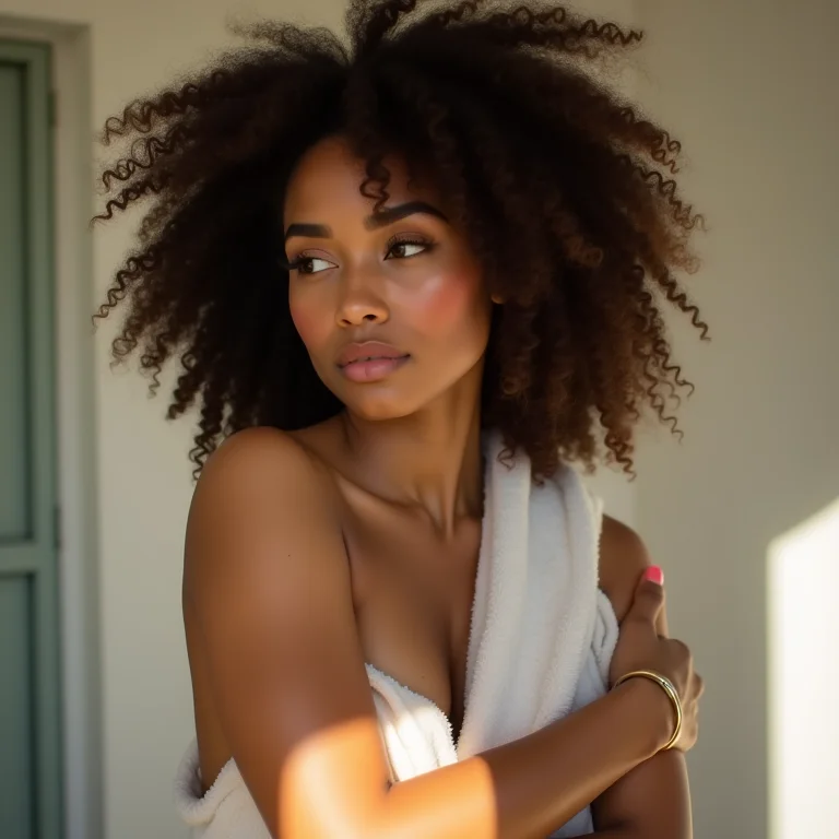 Mulher negra de cabelos cacheados enxugando a axila com uma toalha.