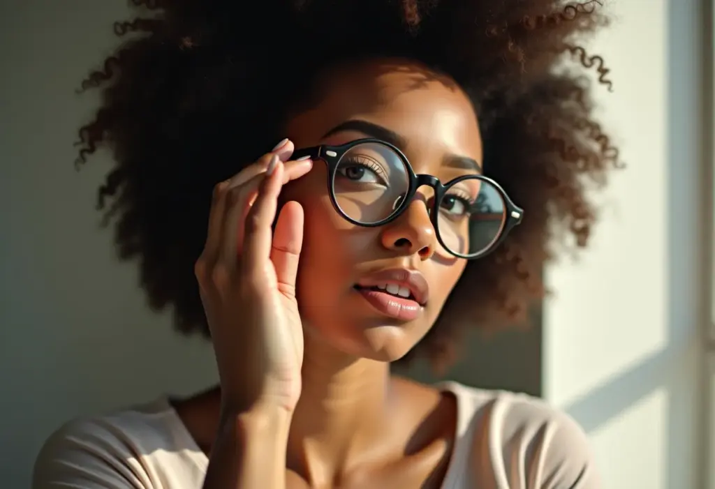 Maquiagem com óculos: truques para realçar o olhar (e a armação) Mulher negra de óculos aplicando maquiagem com pele real e iluminada