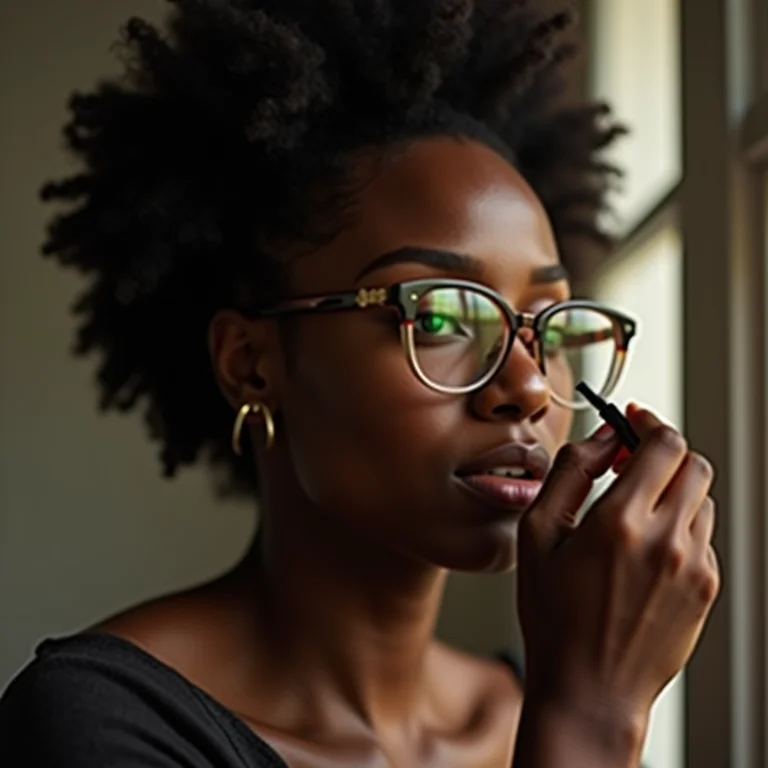 Mulher negra de óculos aplicando máscara de cílios