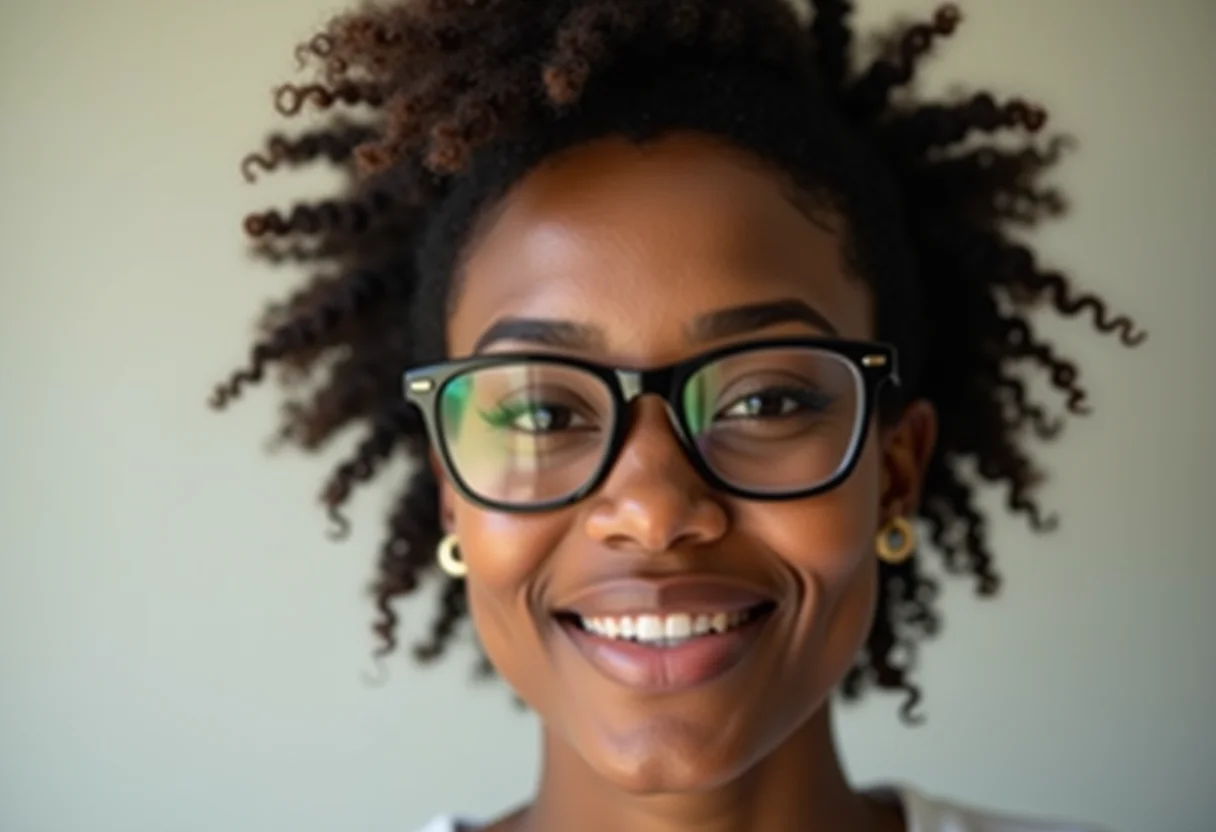 Mulher negra de óculos com maquiagem suave e pele radiante