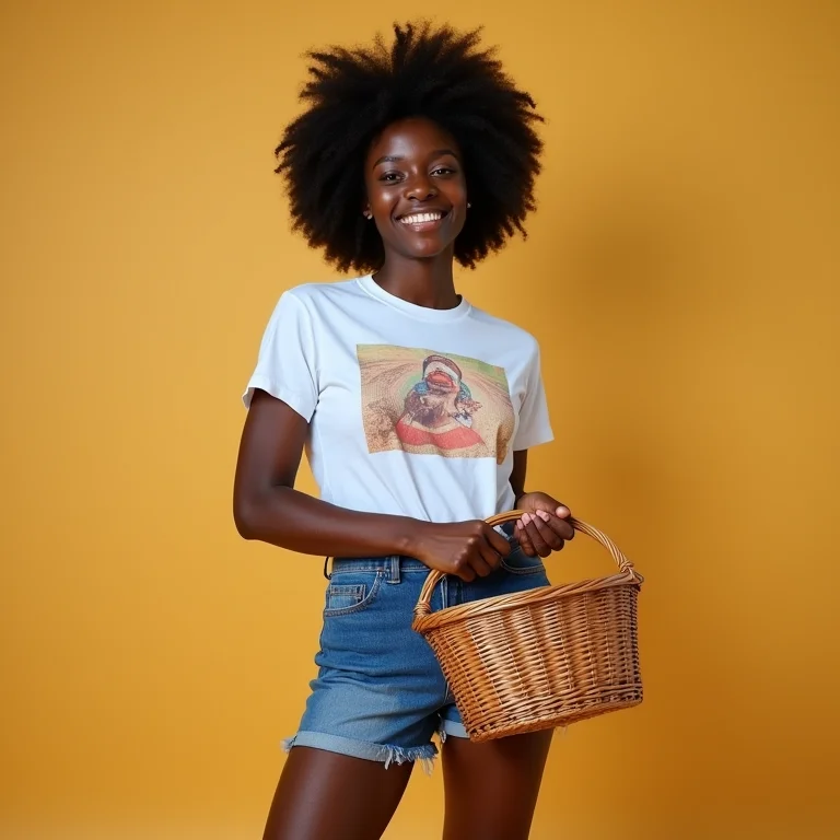Mulher negra de shorts jeans e camiseta estampada segurando cesta de piquenique