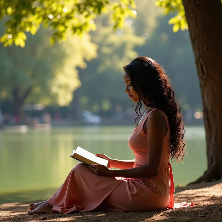 Mulher negra lendo um livro perto do lago no Parque El Retiro, Madrid.