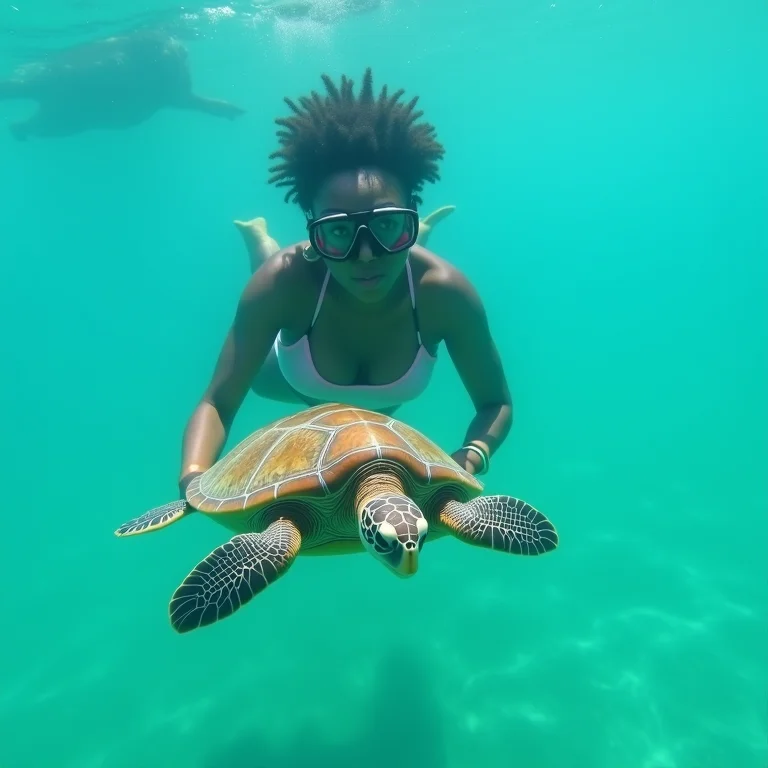 Mulher negra praticando snorkel na Baía do Sueste em Fernando de Noronha.