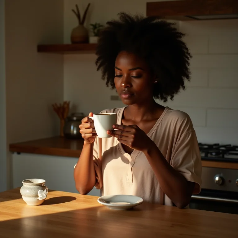 Mulher negra relaxando na cozinha com iluminação indireta