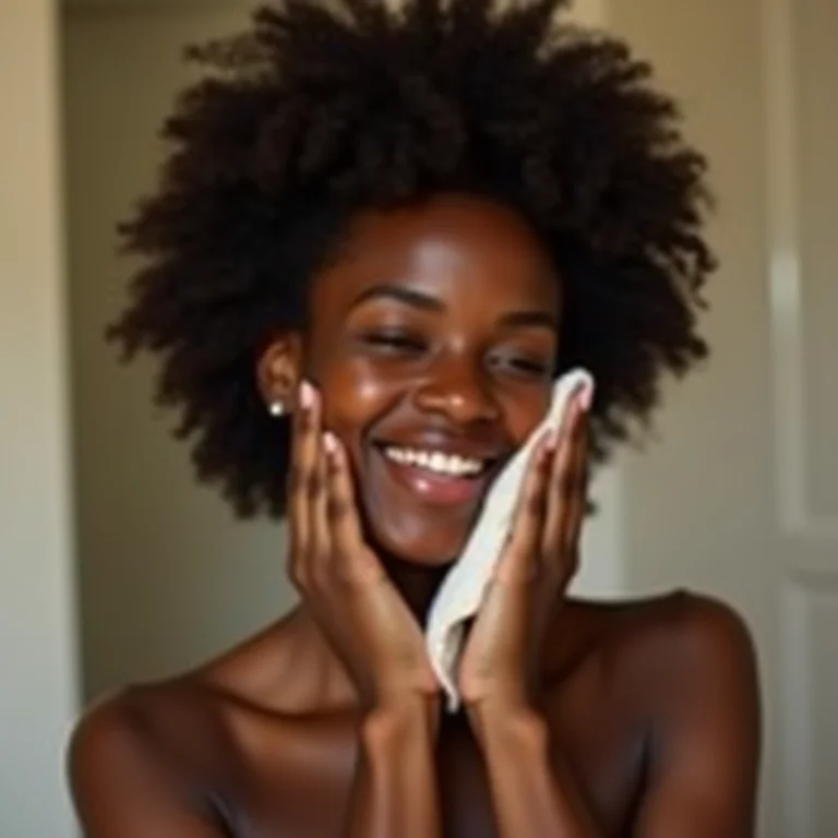 Mulher negra secando o rosto com uma toalha macia.