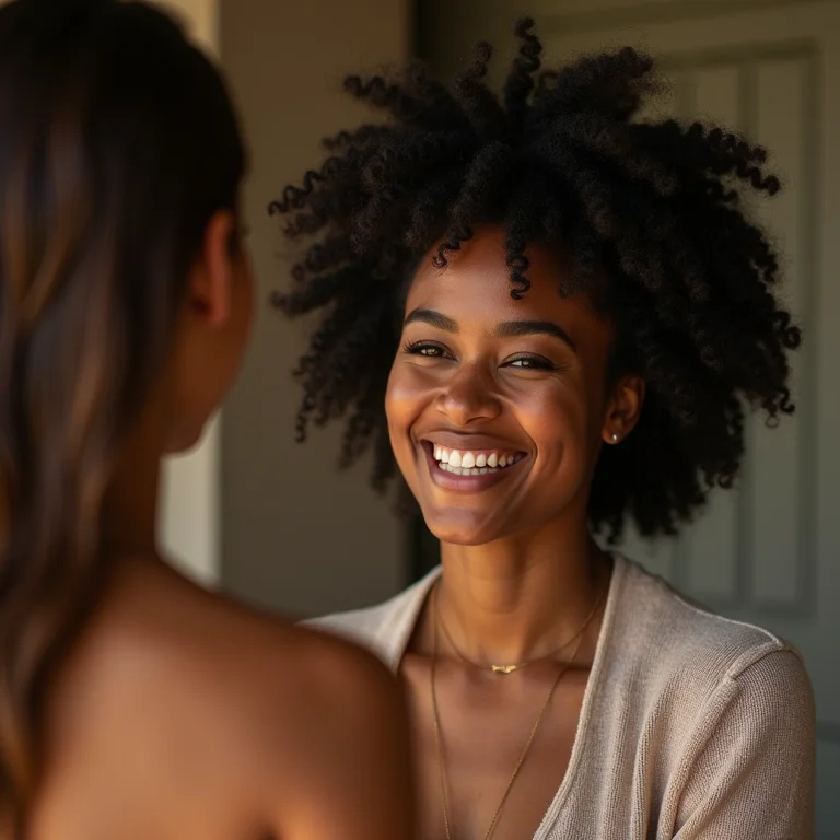 Mulher negra sendo recebida calorosamente em pousada