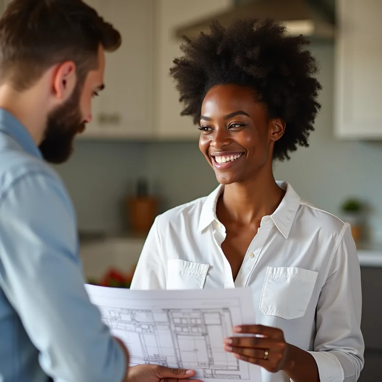 Mulher negra sorrindo e discutindo projeto de cozinha com arquiteto