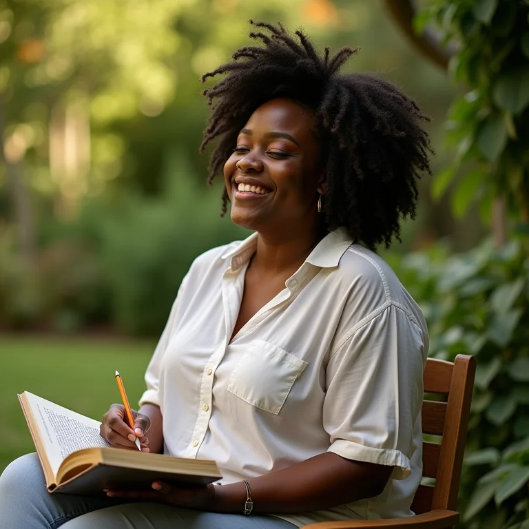 Mulher negra sorrindo em jardim do templo