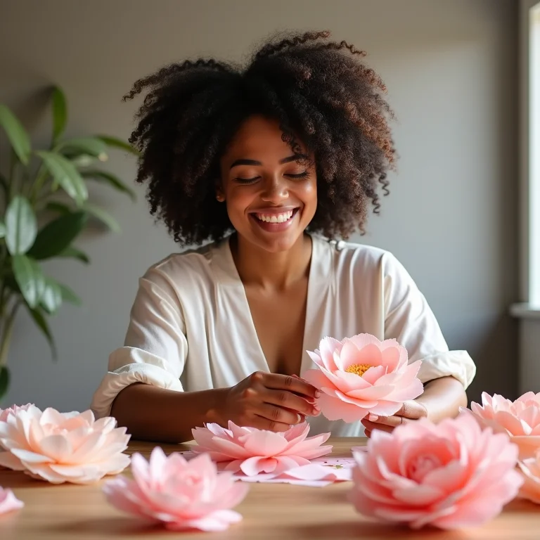 Mulher negra sorrindo enquanto cria flores de papel em casa