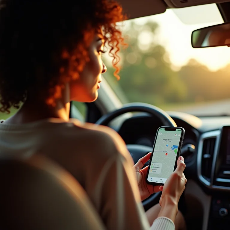 Mulher negra sorrindo enquanto usa aplicativo de navegação no carro