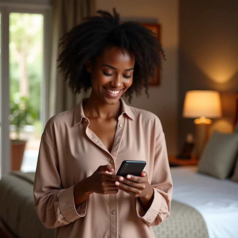 Mulher negra usando app de pagamento seguro para reservar pousada.