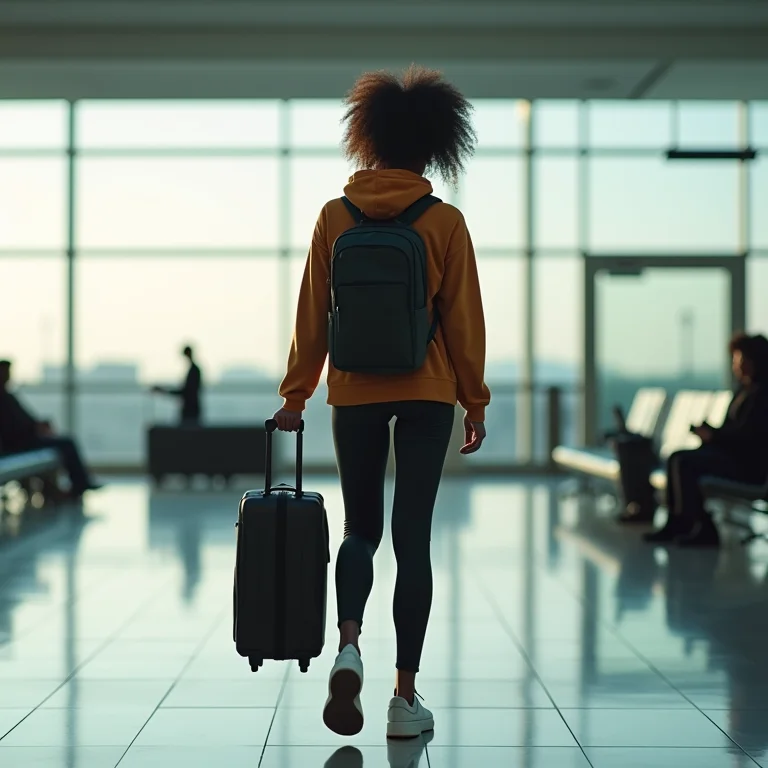 Mulher negra usando leggings confortáveis no aeroporto.